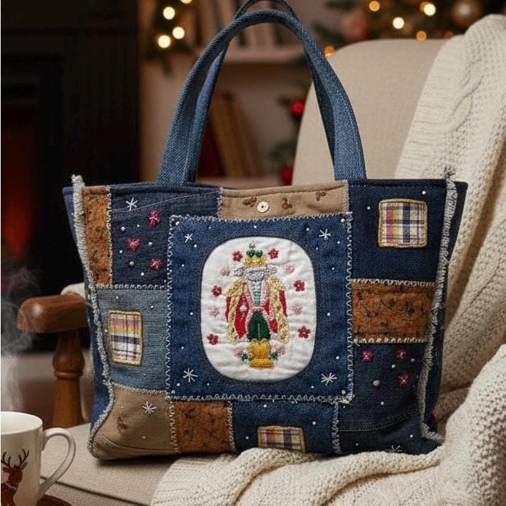 Christmas Nutcracker Embroidered Denim Tote Bag-Handmade Patchwork-one of a kind